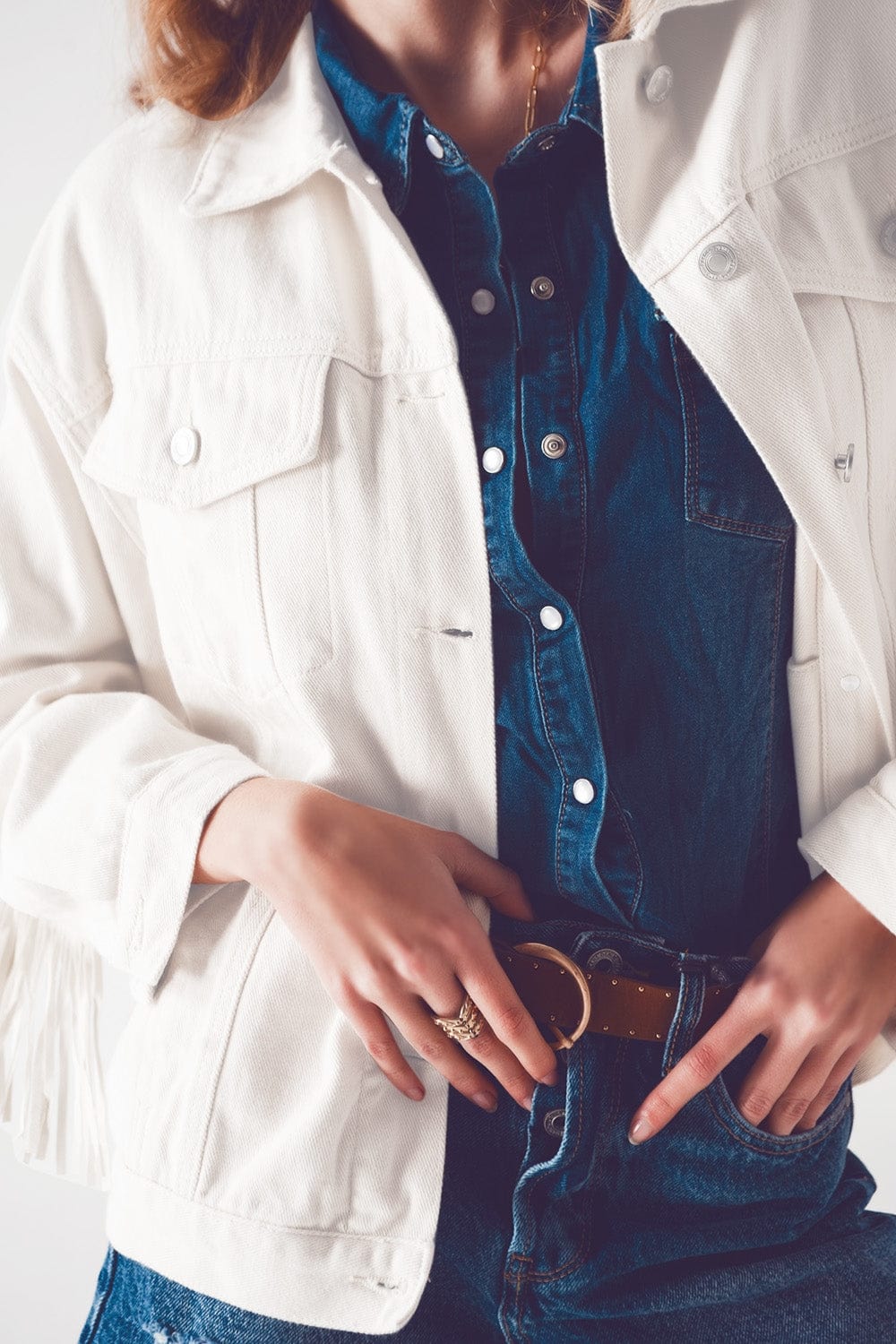 Q2 Women's Outerwear Embellished fringe denim jacket in white