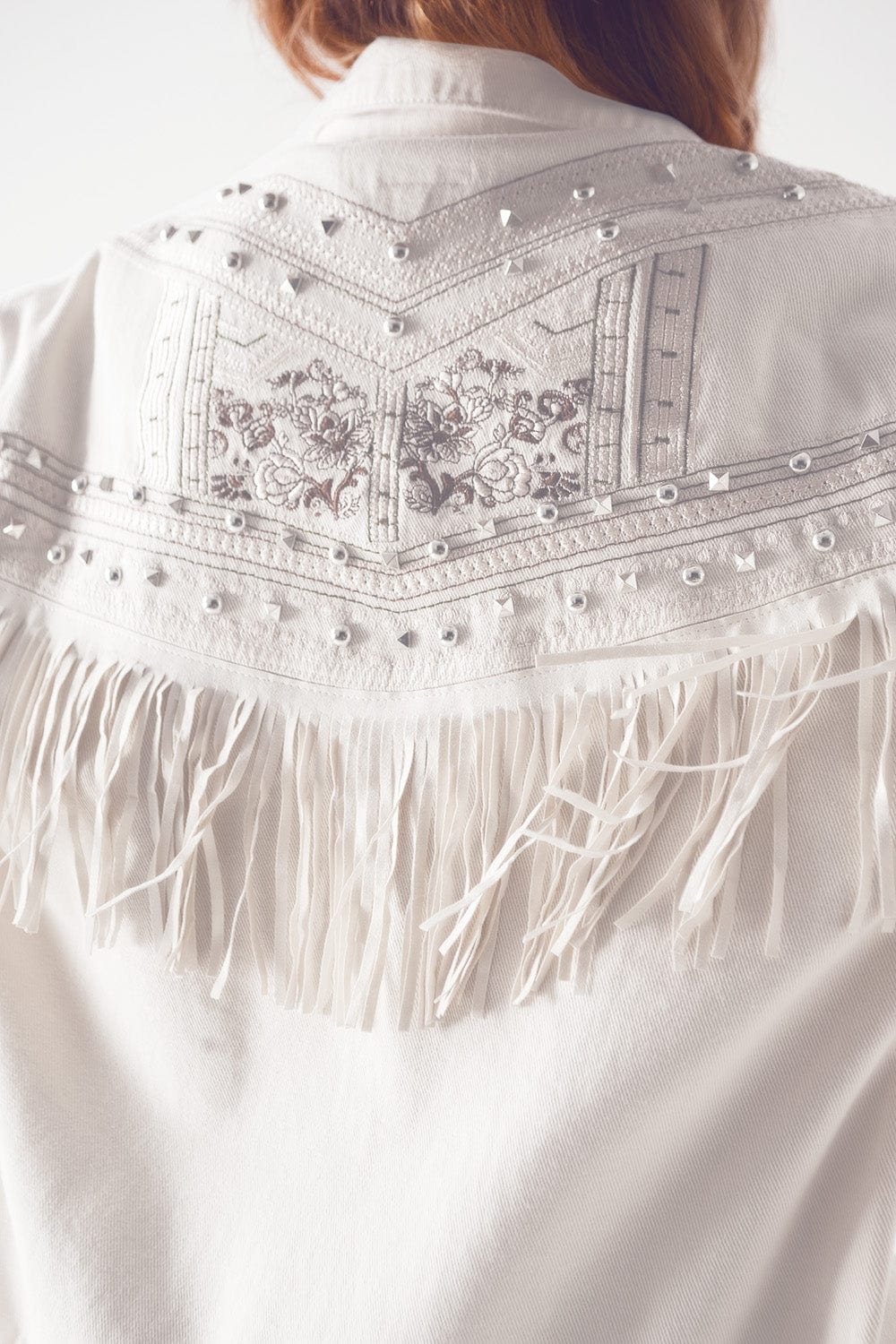 Q2 Women's Outerwear Embellished fringe denim jacket in white