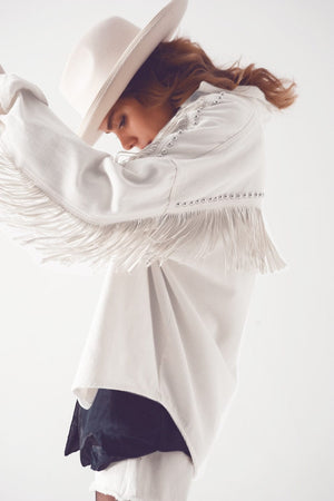 Q2 Women's Outerwear Embellished Fringe Denim Shacket in White