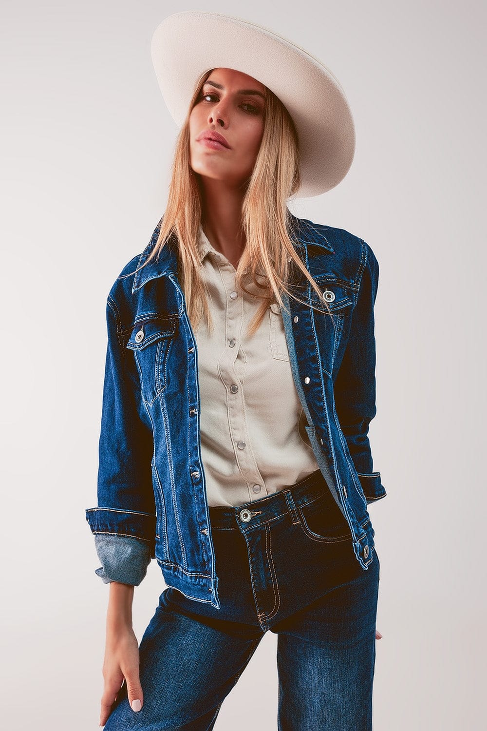 Q2 Women's Outerwear Embroided Back Denim Jacket in Dark Blue