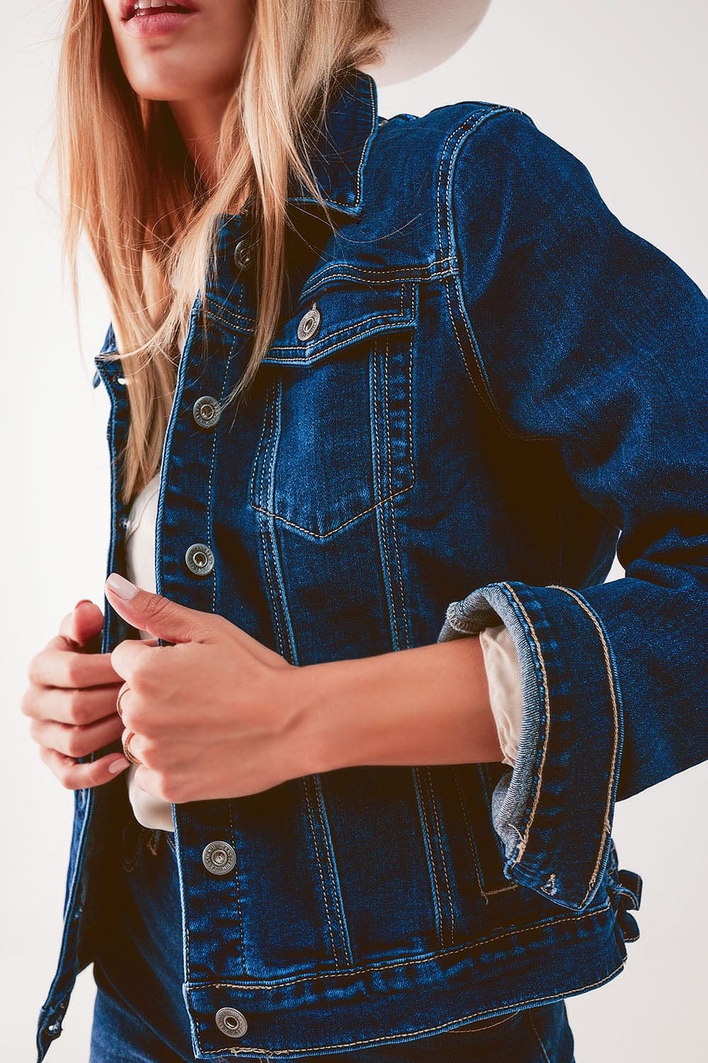 Q2 Women's Outerwear Embroided Back Denim Jacket in Dark Blue