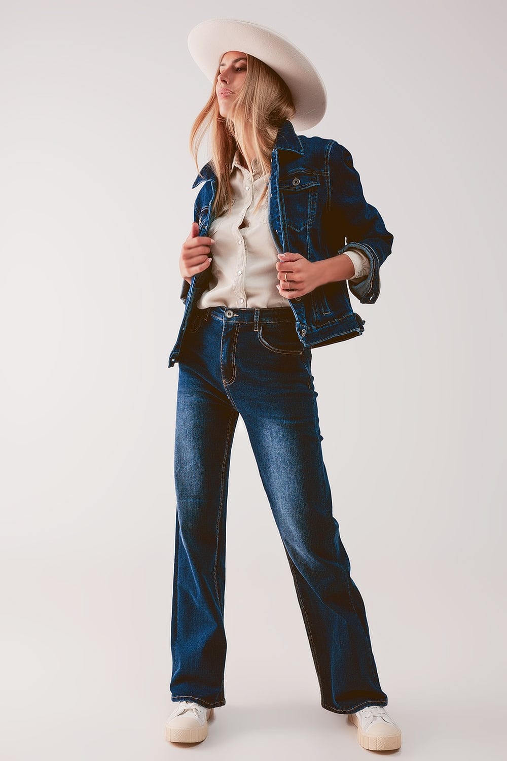 Q2 Women's Outerwear Embroided Back Denim Jacket in Dark Blue