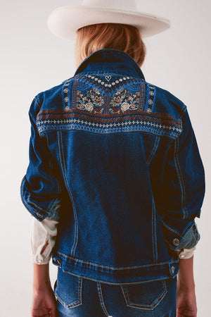 Q2 Women's Outerwear Embroided Back Denim Jacket in Dark Blue