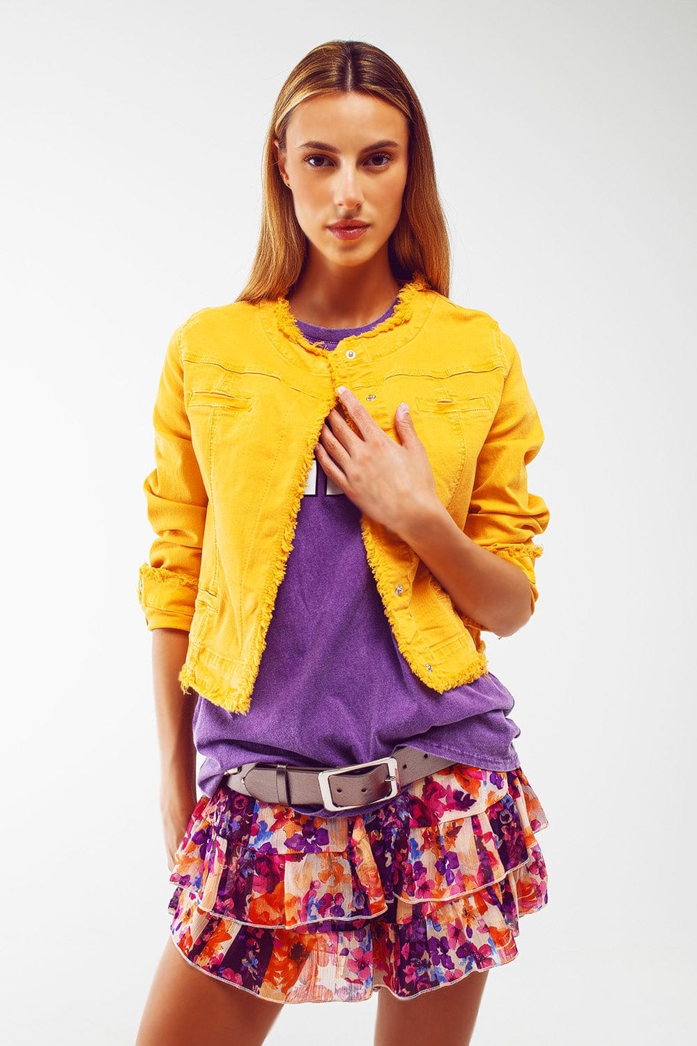 Q2 Women's Outerwear Frayed Ends Denim Jacket In Yellow