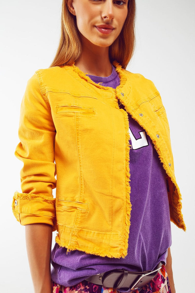 Q2 Women's Outerwear Frayed Ends Denim Jacket In Yellow