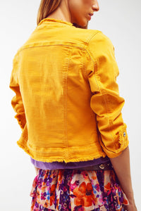 Q2 Women's Outerwear Frayed Ends Denim Jacket In Yellow