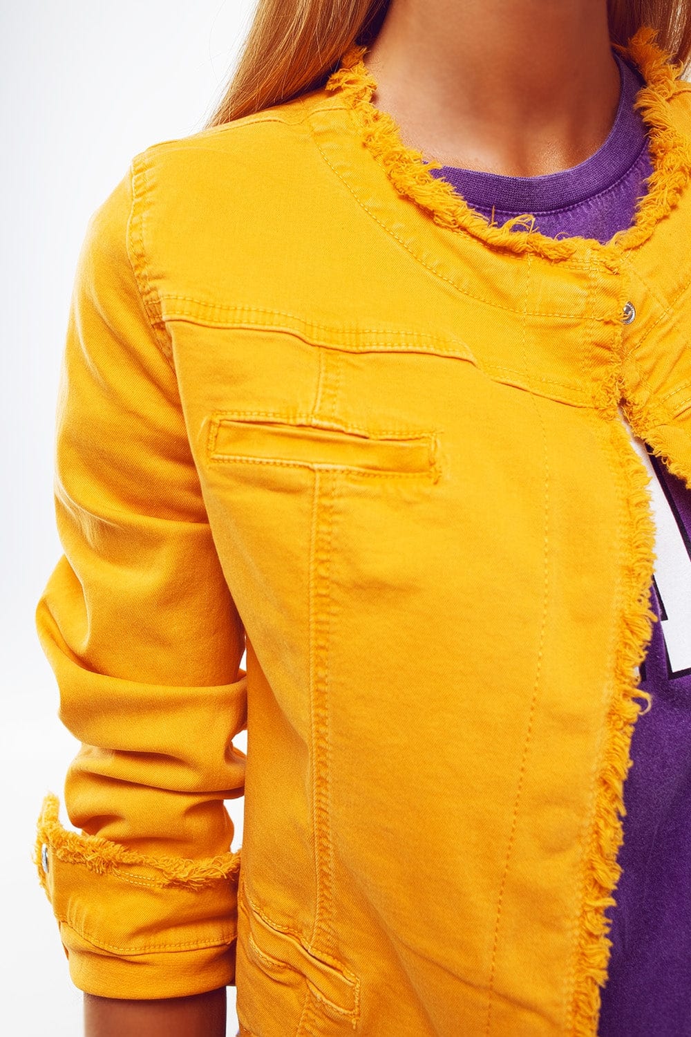 Q2 Women's Outerwear Frayed Ends Denim Jacket In Yellow