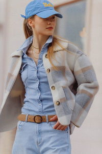 Q2 Women's Outerwear Fur Jacket With Blue Check Print