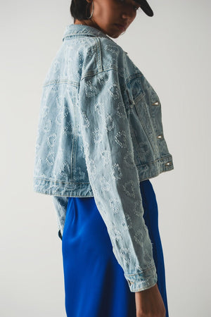 Q2 Women's Outerwear Heart Embellished Oversized Denim Jacket in Light Wash