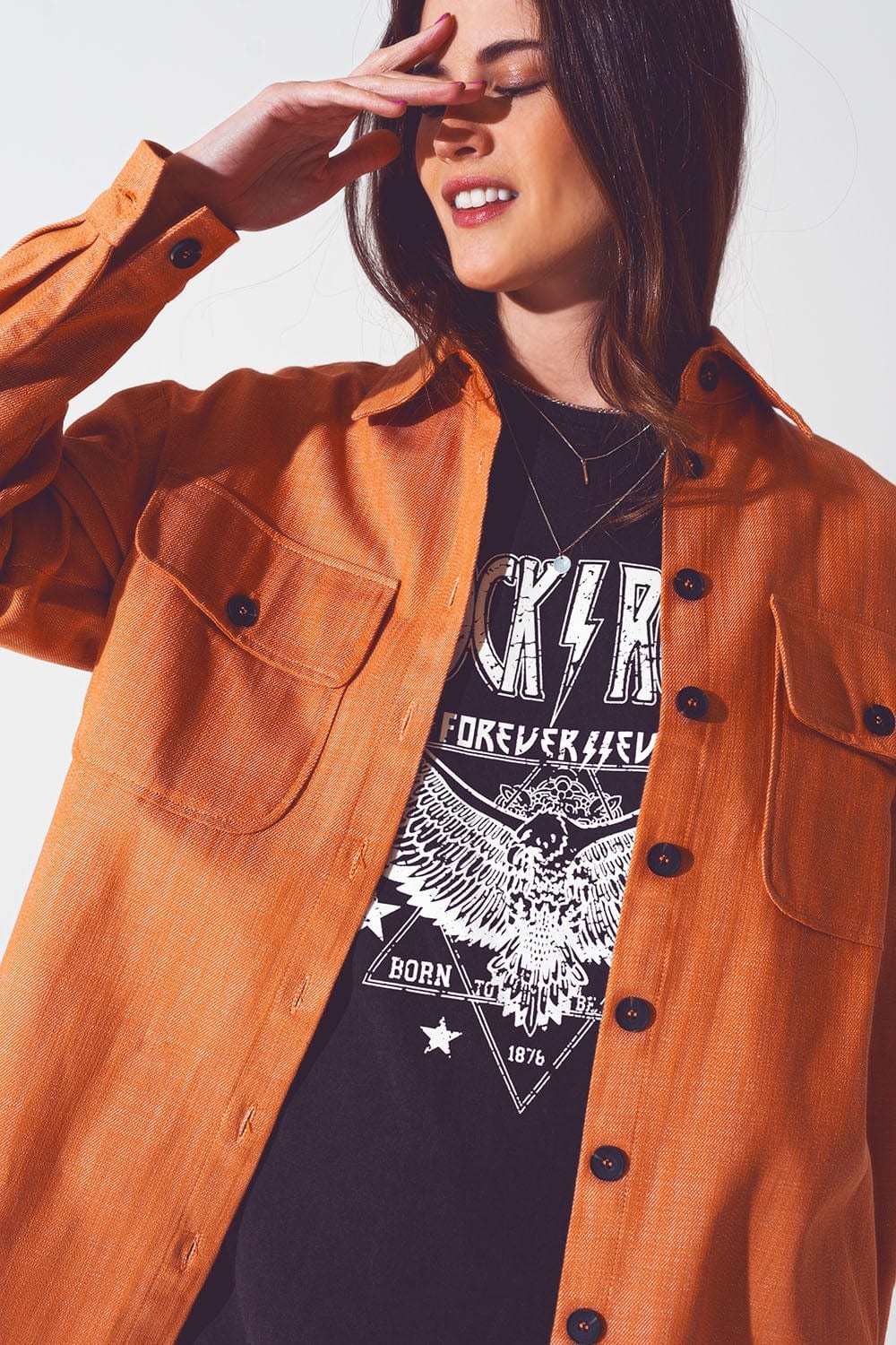 Q2 Women's Outerwear Long Sleeve Shacket in Orange