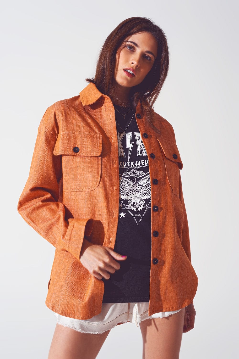 Q2 Women's Outerwear Long Sleeve Shacket in Orange