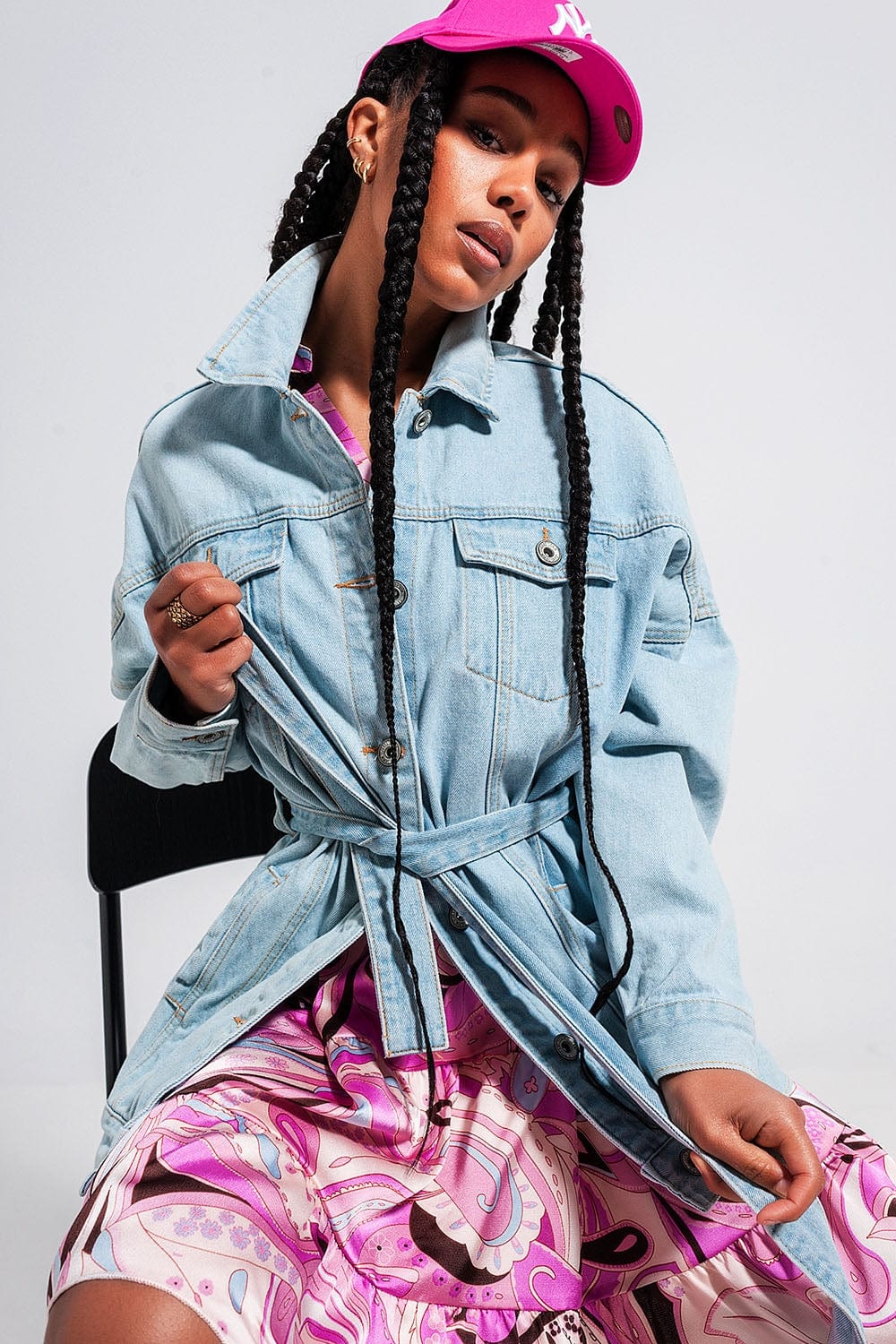Q2 Women's Outerwear Longline Denim Jacket with Belt in Light Blue Wash