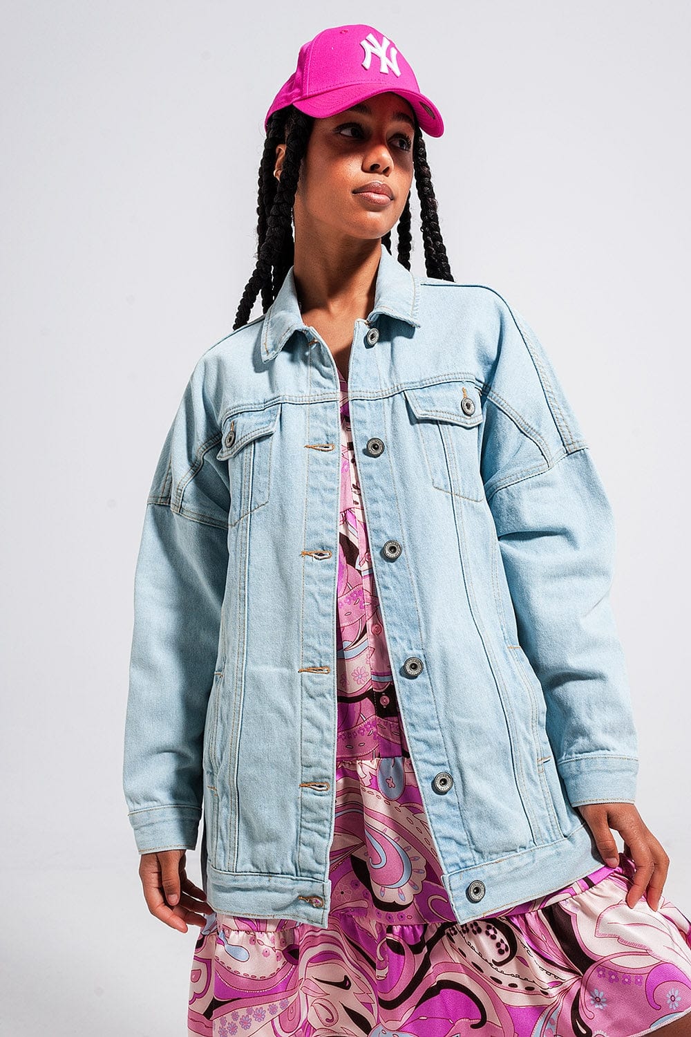 Q2 Women's Outerwear Longline Denim Jacket with Belt in Light Blue Wash