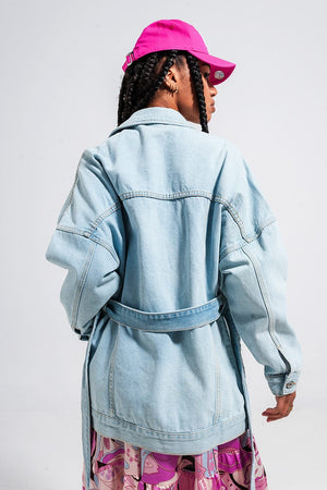 Q2 Women's Outerwear Longline Denim Jacket with Belt in Light Blue Wash