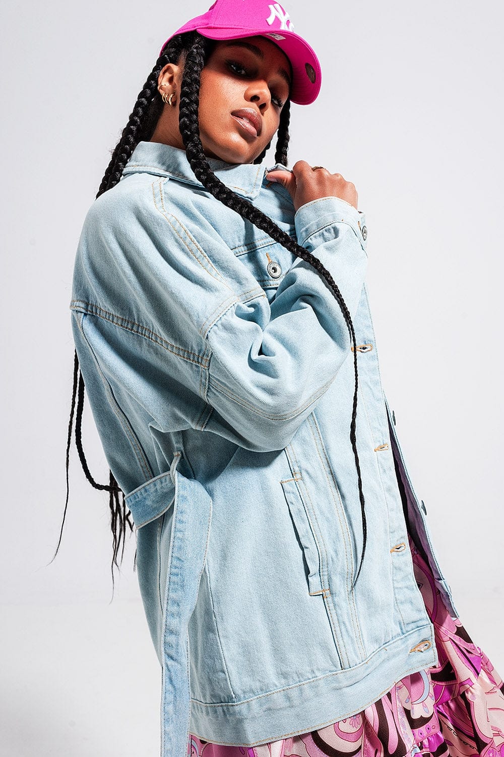 Q2 Women's Outerwear Longline Denim Jacket with Belt in Light Blue Wash