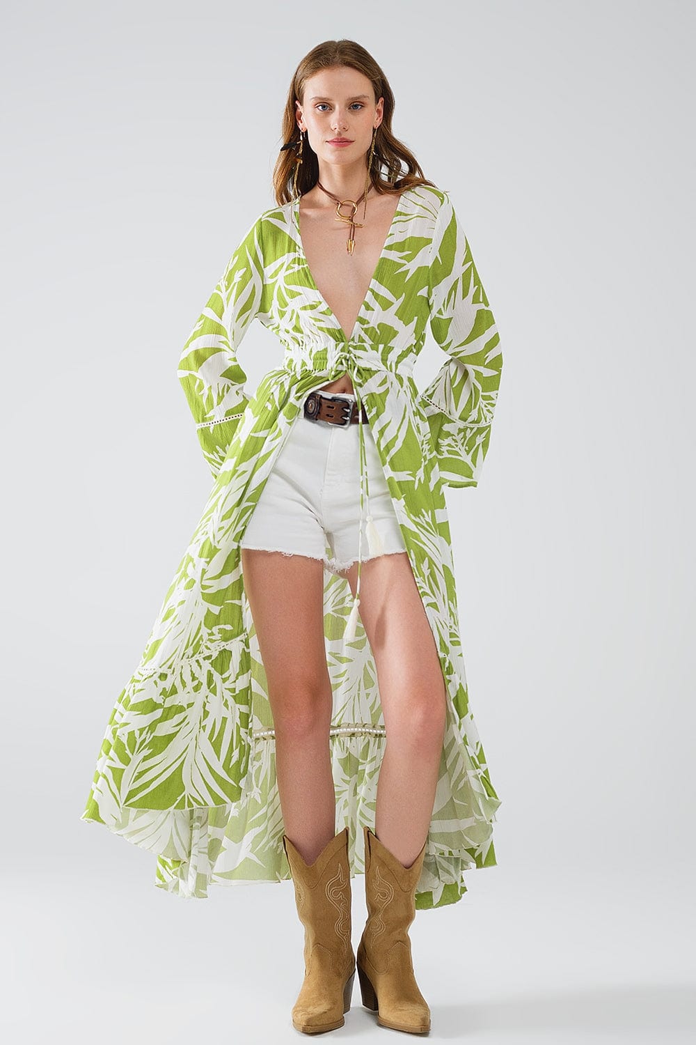 Q2 Women's Outerwear Maxi Green Kimono With Tropical Palm Print