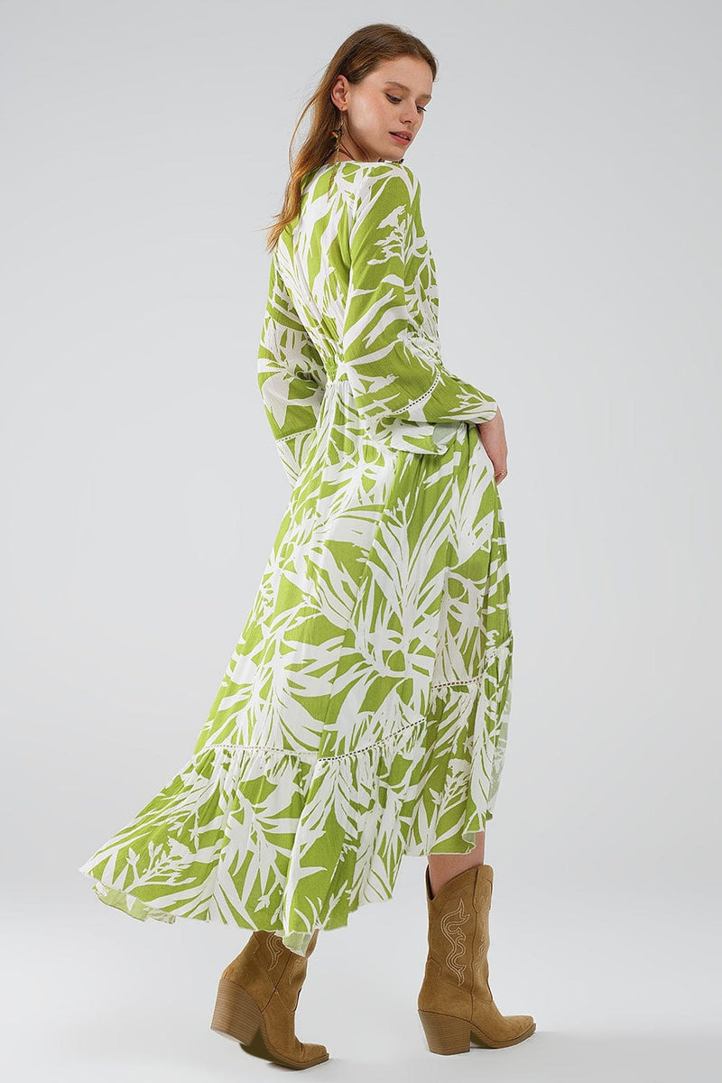 Q2 Women's Outerwear Maxi Green Kimono With Tropical Palm Print