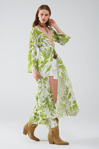 Q2 Women's Outerwear Maxi Green Kimono With Tropical Palm Print