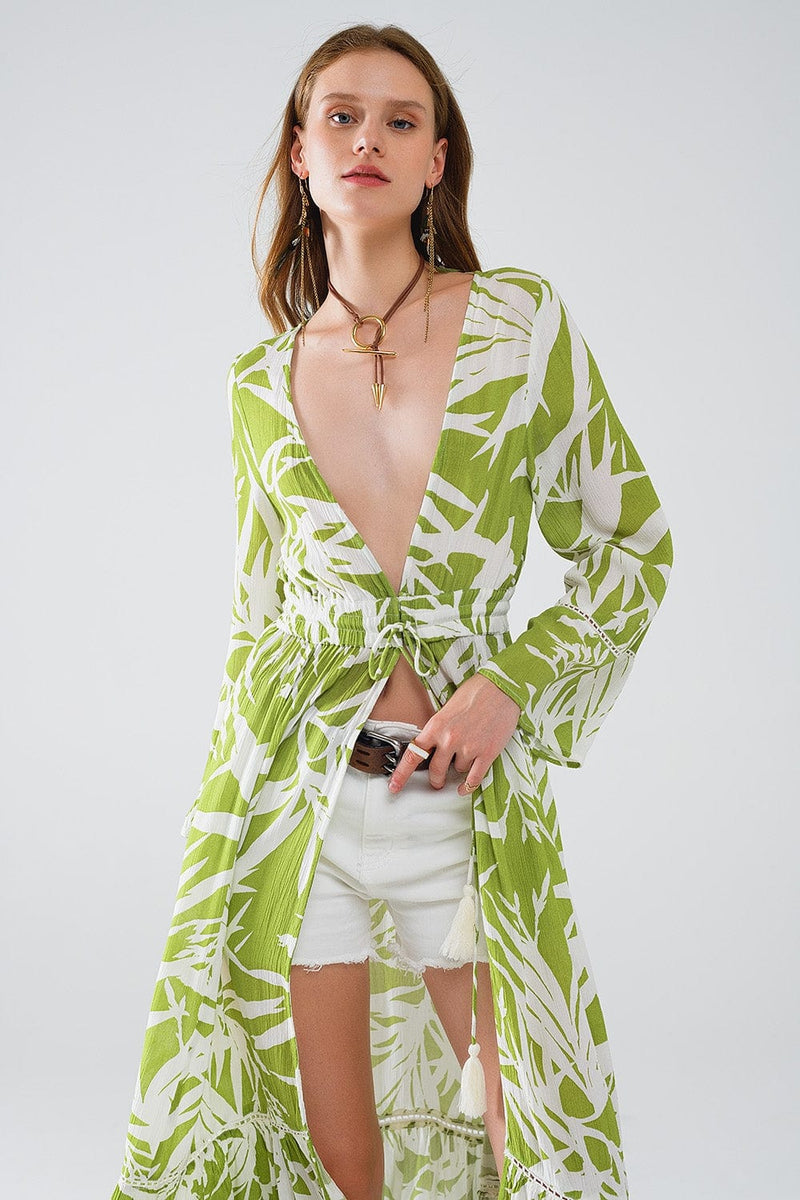 Q2 Women's Outerwear Maxi Green Kimono With Tropical Palm Print