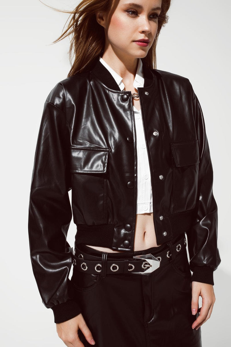 Q2 Women's Outerwear Metallic Bomber Jacket With Front Pockets In Black