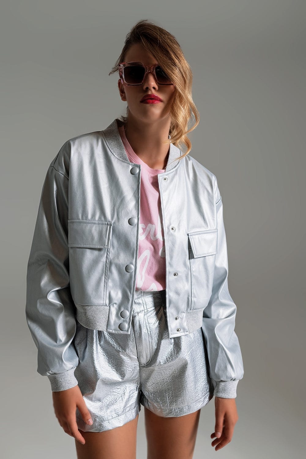 Q2 Women's Outerwear Metallic Bomber Jacket With Front Pockets In Silver