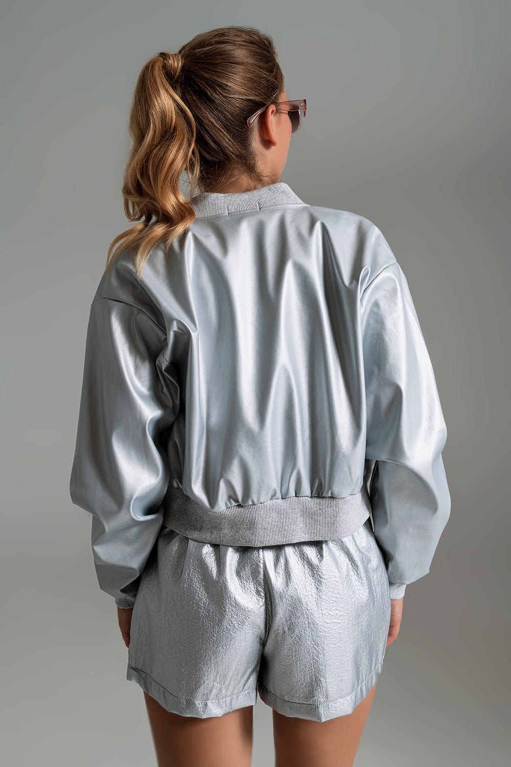 Q2 Women's Outerwear Metallic Bomber Jacket With Front Pockets In Silver
