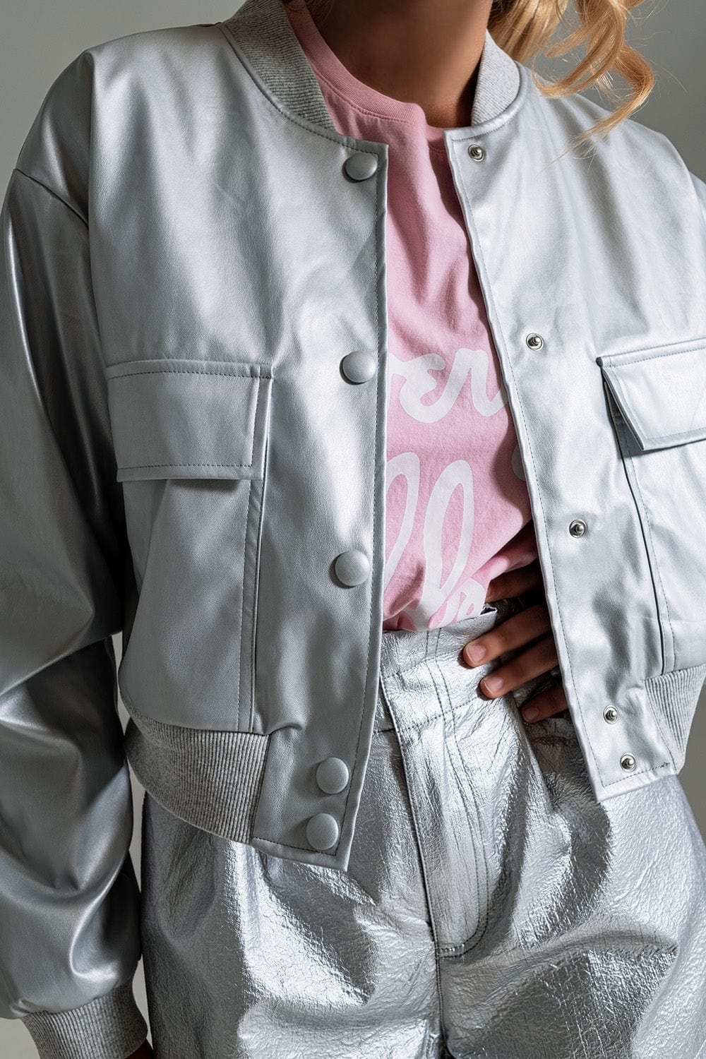 Q2 Women's Outerwear Metallic Bomber Jacket With Front Pockets In Silver