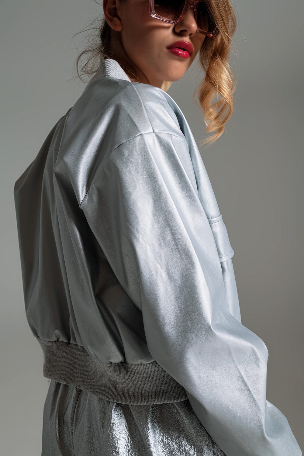 Q2 Women's Outerwear Metallic Bomber Jacket With Front Pockets In Silver