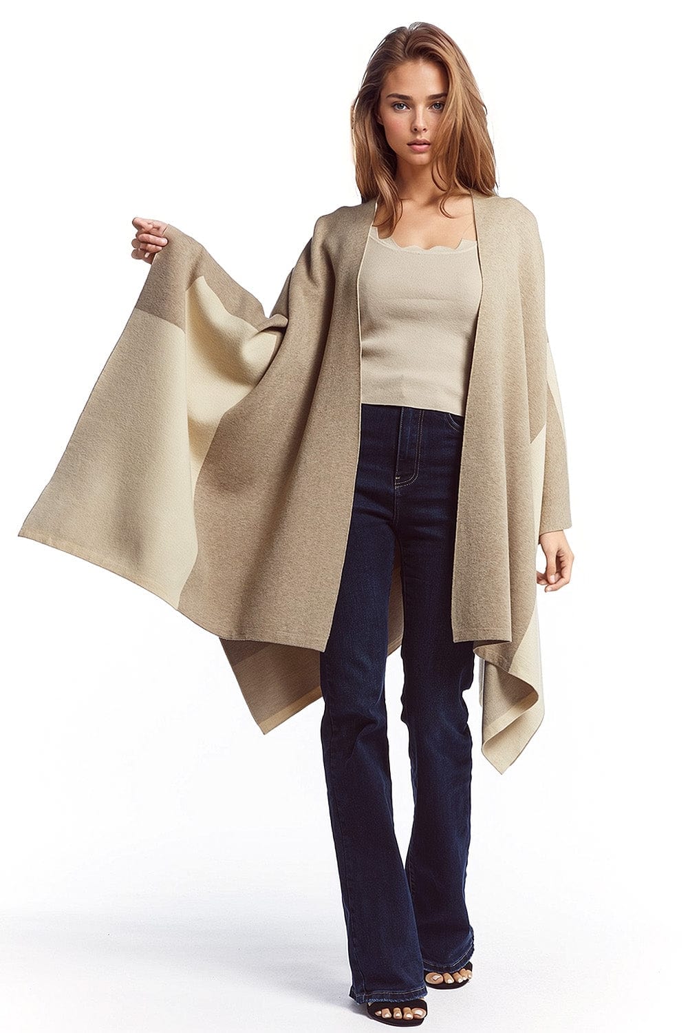 Q2 Women's Outerwear One Size / Beige Asymmetrical Poncho In Light And Dark Brown