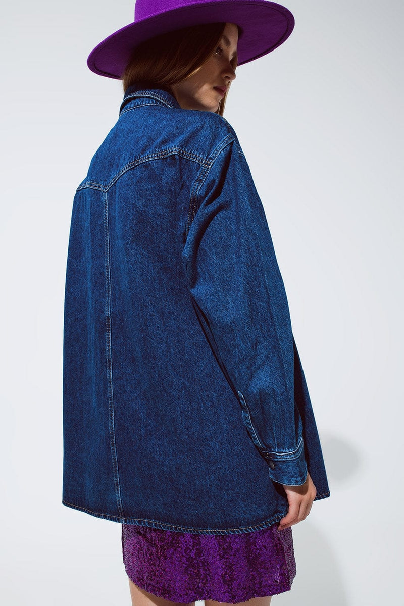 Q2 Women's Outerwear One Size / Blue Denim Oversized Cargo Shirt Jacket with Pockets