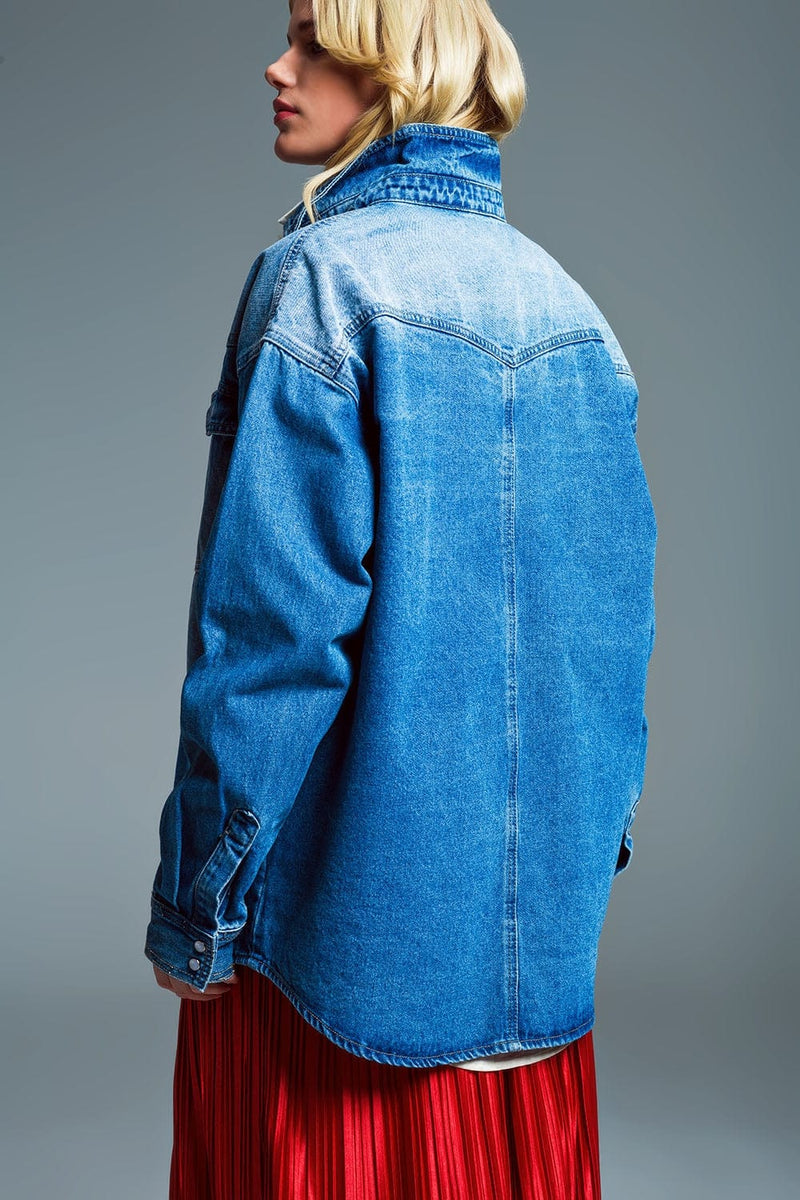 Q2 Women's Outerwear One Size / Blue Oversized Cargo Style Denim Jacket In Medium Wash.