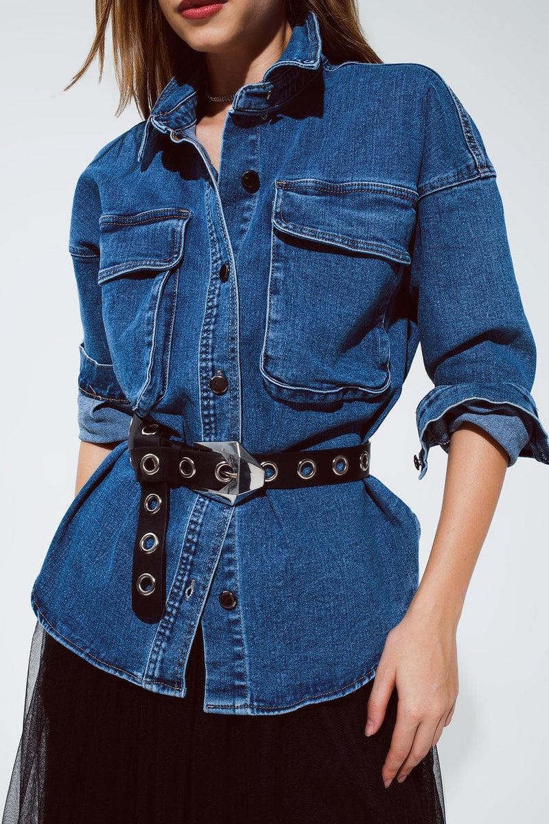 Q2 Women's Outerwear One Size / Blue Oversized Denim Jacket With Cargo Pockets