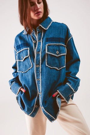 Q2 Women's Outerwear One Size / Blue Oversized Denim Shacket With Contour Seam Detail In Mid Wash