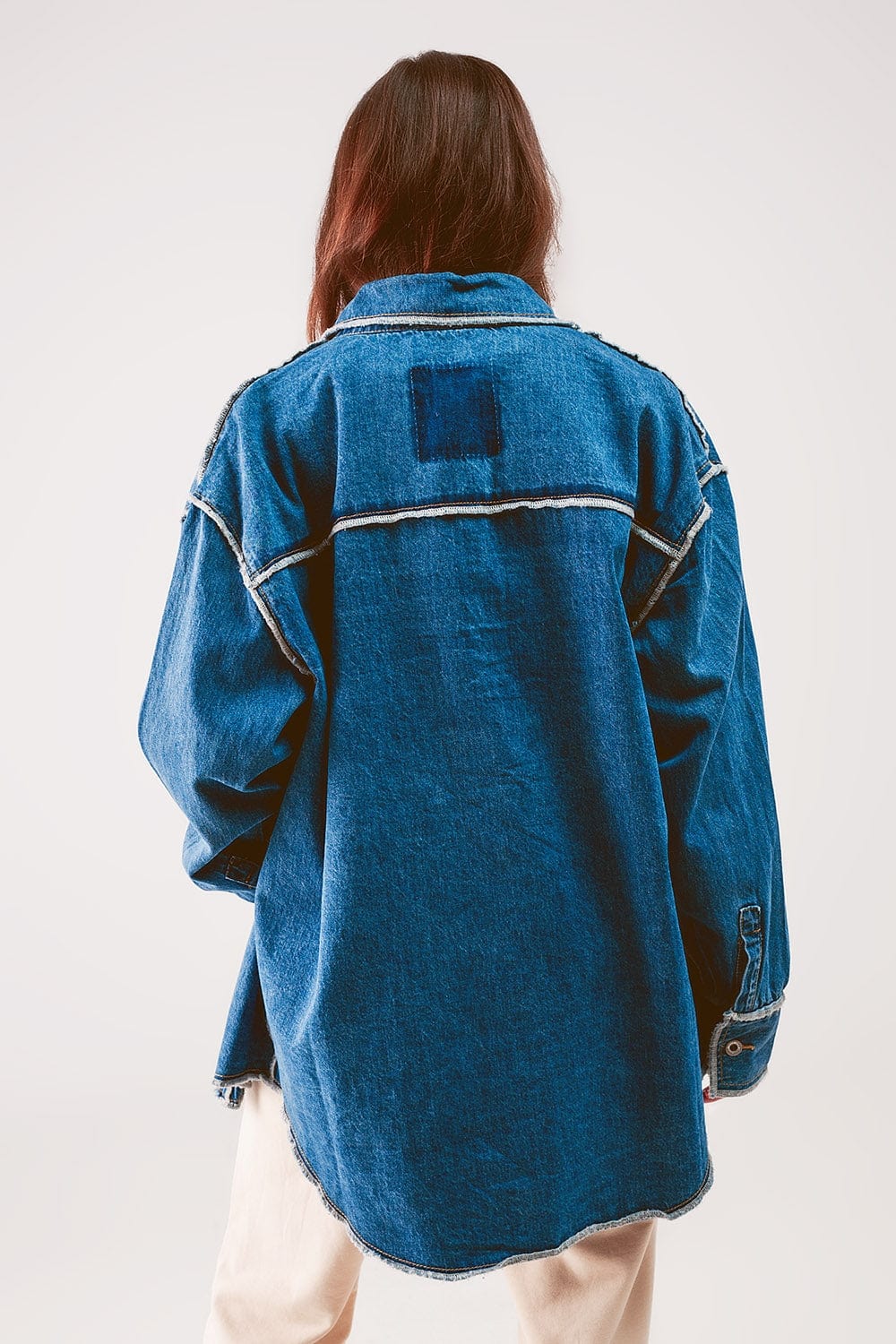 Q2 Women's Outerwear One Size / Blue Oversized Denim Shacket With Contour Seam Detail In Mid Wash