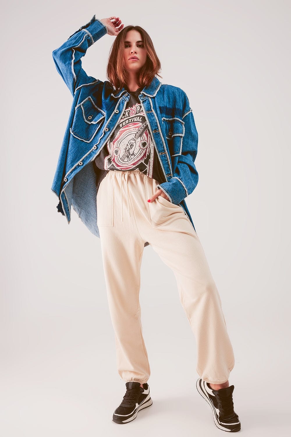 Q2 Women's Outerwear One Size / Blue Oversized Denim Shacket With Contour Seam Detail In Mid Wash
