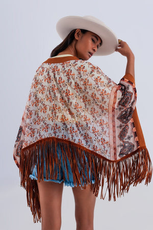 Q2 Women's Outerwear One Size / Brown / China Printed Kimono with Fringe Detail in Brown