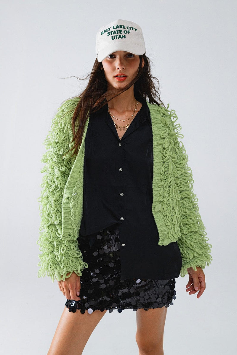 Q2 Women's Outerwear One Size / Green Chunky Textured Cardigan In Green With Long Fringe