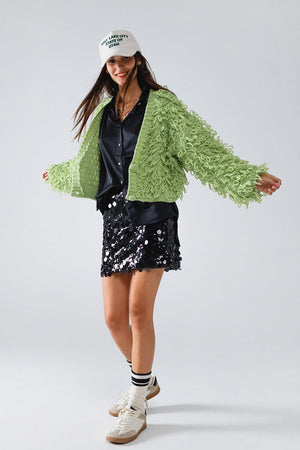 Q2 Women's Outerwear One Size / Green Chunky Textured Cardigan In Green With Long Fringe