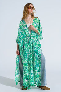 Q2 Women's Outerwear One Size / Green Green Long Kimono With Drawstring Closing In Tribal Print