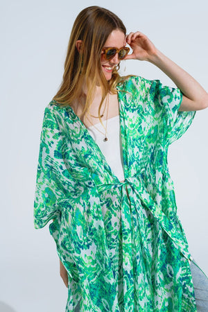 Q2 Women's Outerwear One Size / Green Green Long Kimono With Drawstring Closing In Tribal Print