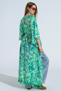 Q2 Women's Outerwear One Size / Green Green Long Kimono With Drawstring Closing In Tribal Print