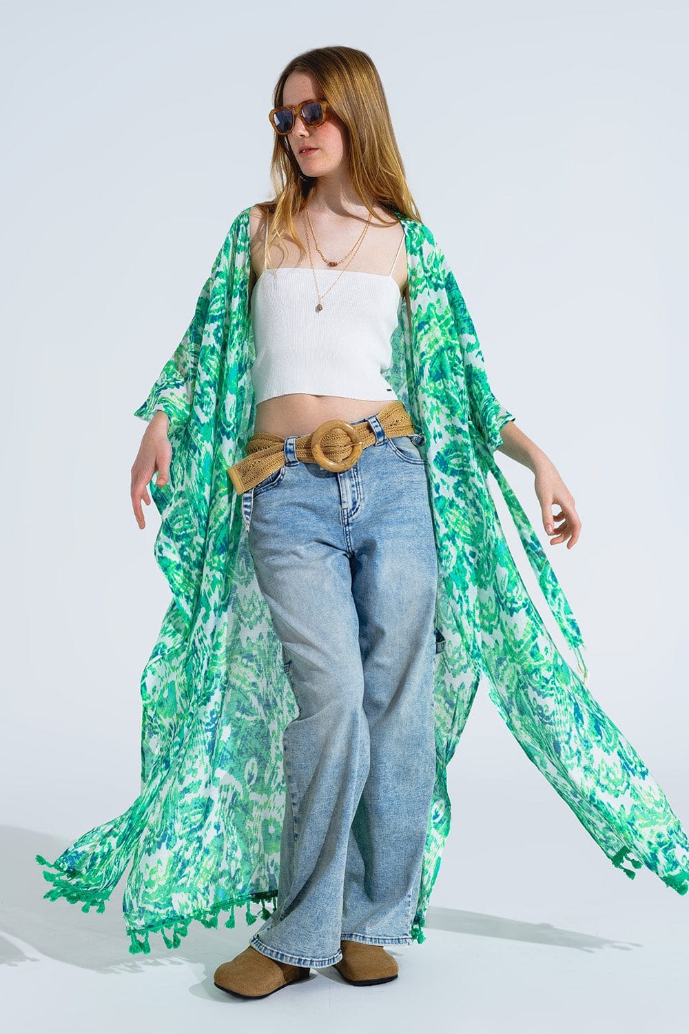 Q2 Women's Outerwear One Size / Green Green Long Kimono With Drawstring Closing In Tribal Print