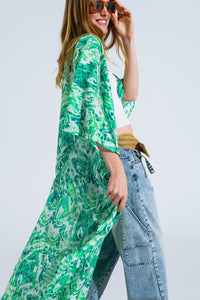 Q2 Women's Outerwear One Size / Green Green Long Kimono With Drawstring Closing In Tribal Print