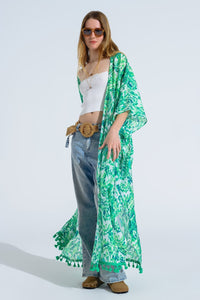 Q2 Women's Outerwear One Size / Green Green Long Kimono With Drawstring Closing In Tribal Print