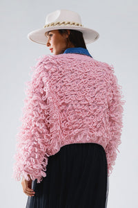 Q2 Women's Outerwear One Size / Pink Chunky Textured Cardigan In Pink With Long Fringe