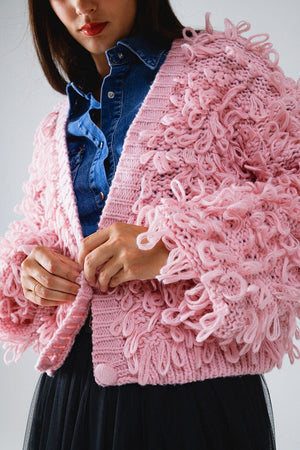 Q2 Women's Outerwear One Size / Pink Chunky Textured Cardigan In Pink With Long Fringe