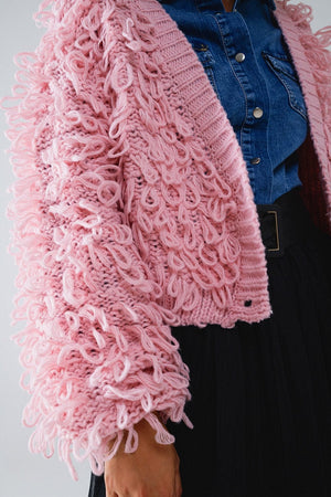 Q2 Women's Outerwear One Size / Pink Chunky Textured Cardigan In Pink With Long Fringe