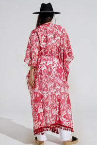 Q2 Women's Outerwear One Size / Red Red Long Kimono With Drawstring Closing In Tribal Print