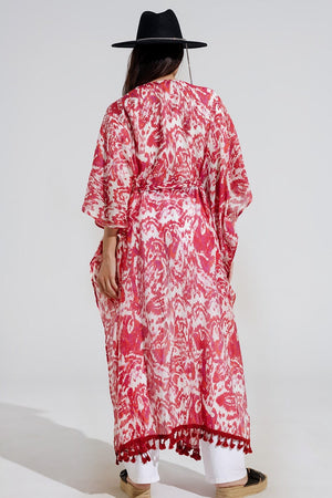 Q2 Women's Outerwear One Size / Red Red Long Kimono With Drawstring Closing In Tribal Print