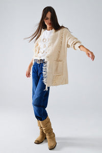 Q2 Women's Outerwear One Size / White Ecru Boho Distressed Cardigan With Front Pockets